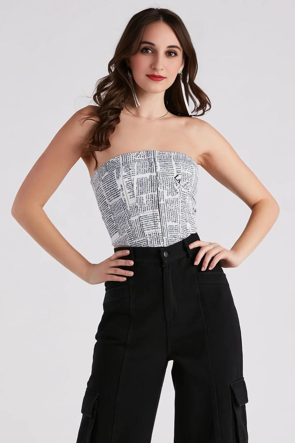 In Other News Lace-Up Newspaper Corset Top